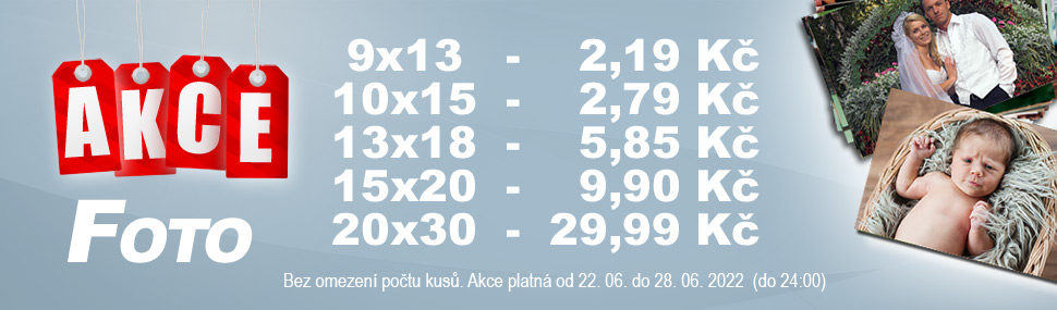 Foto 9x13 za 2,19 Kč, 10x15 za 2,79 Kč, 13x18 za 5,85 Kč a 20x30 za 29,99 Kč.